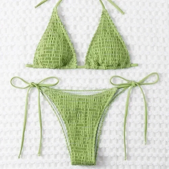 Olive Green Sexy Women's Summer Beach Mono Bikini Set Smocked Micro Triangle Bra - Picture 3 of 5